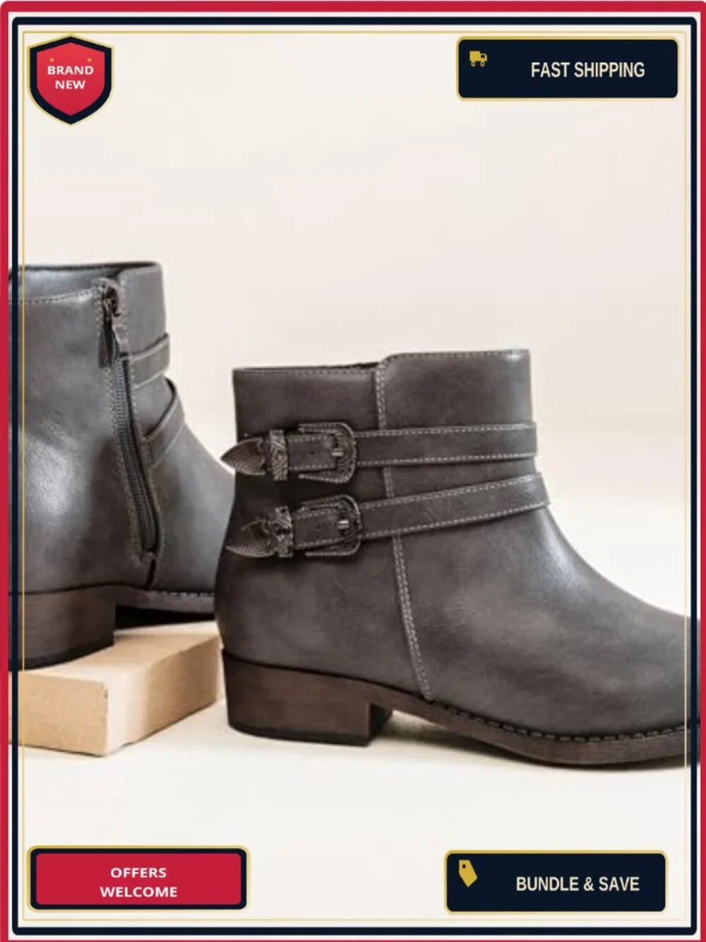 Veittes Women's Low Heel Ankle Boots Side Zipper Ankle Booties Faux Leather